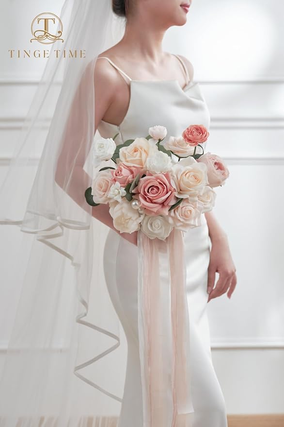 TINGE TIME 9 inch Bridal Bouquets for Bride, Artificial Silk Flowers Tossing Bouquet, Bride Bouquets for Wedding, Ceremony, Anniversary (Champange&Pink)