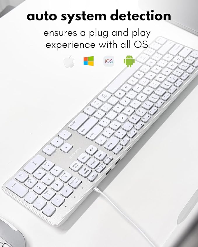 Macally Wired Keyboard for Mac with USB Hub (2X USB-A / 1x USB-C) - Compatible Backlit Apple Keyboard with Dual Interface - Auto OS Detection for Mac, MacBook, iMac, PC, Android, iPad, iOS - Silver