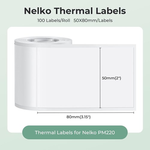 Nelko Thermal Labels - Waterproof Multi-Purpose Sticker Tape | 2'' x 3.15'' (50x80mm) | 100 Self-Adhesive Rolls