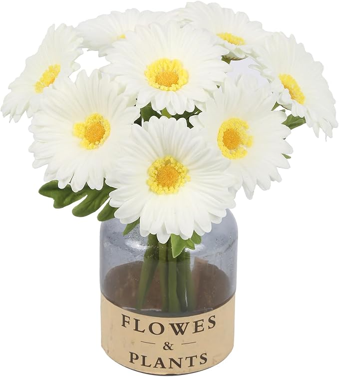 White Small Flowers 11.8” Fake Daisies 8 Pcs PU Gerbera Daisy Artificial Flowers for Vase Wedding Party DIY Office Home Living Room Decor