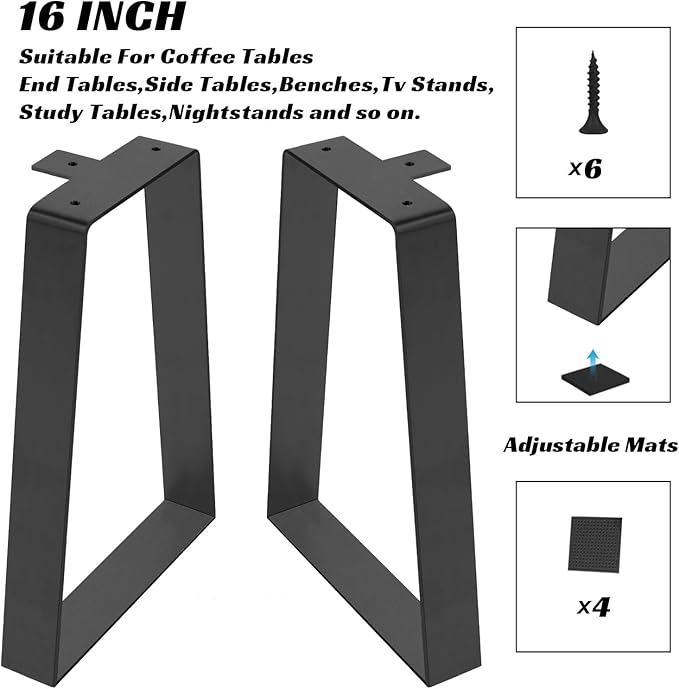 16 Inch Bench Legs, Trapezoid Metal Table Legs Heavy Duty Furniture Feets for DIY Desks, Black Metal End/Side Tables,Benches, Sofa, Set of 2 (H16 x W11, Black)