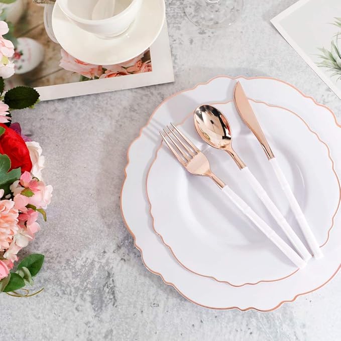 WDF 90Pieces Rose Gold Plastic Silverware - Rose Gold Plastic Cutlery with White Handle- Heavy Duty Disposable Silverware Include 30Forks, 30 Spoons, 30 Knives for Wedding, Party
