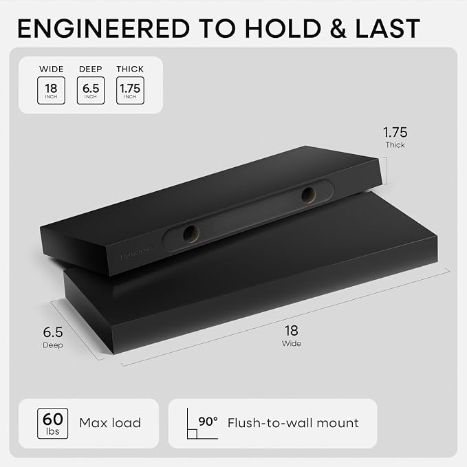 Homeforia Black Floating Shelf 18 inch, High End Solid Real Wood 18inch Bathroom Floating Shelves for Wall Mounted, Black Wooden 18in Floating Shelves, Heavy Duty Bracket, 18 X 6.5 X 1.75 in, Set of 4