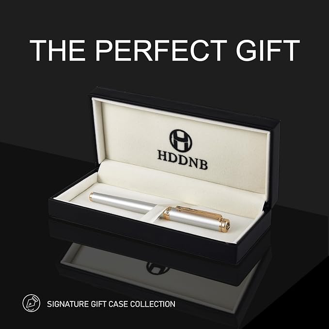 HDDNB Silver Luxury Fountain Pen Set for Men and Women with Gift Box, 24K Gold Finish and Gilded Nib(Medium) with 5 Black Ink Cartridges and Converter