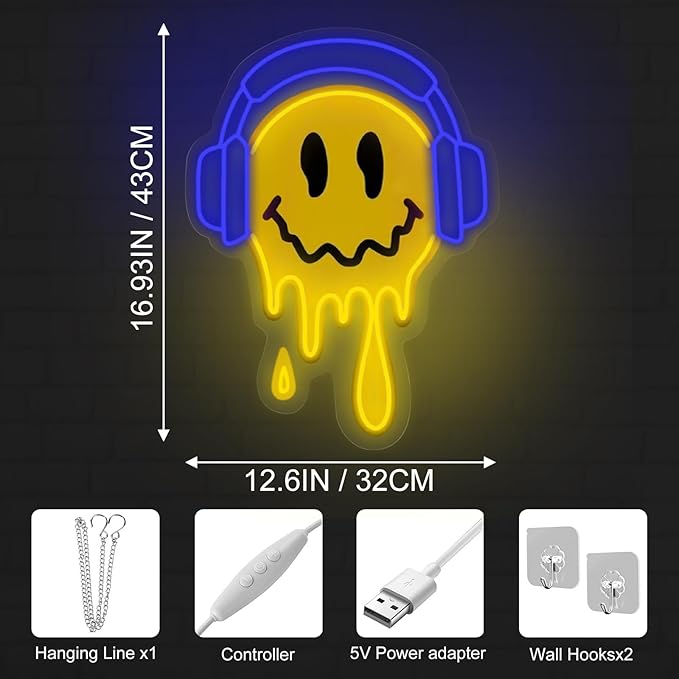 Melting Smile Face With Headphone Neon Sign for Wall Decor Neon Smile Light Signs for Kids Room Bar Party Bedroom Decor Lamp Personalized Gifts Kids Room, Wedding Decoration, Holiday Gift-Blue