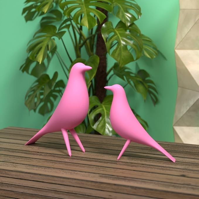 Mid Century Modern Retro Style Bird Family Decor Vintage Look Figurines 1960s 50s MCM Midmod Set of 2 Office Decoration Home Living room Gift (Pink)
