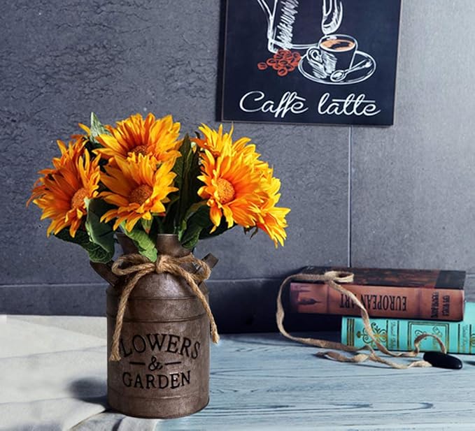 HyFanStr Shabby Chic Metal Flower Vase Rust Painted Decor Milk Can Bucket Country Primitive Jug Farmhouse Decoration Large