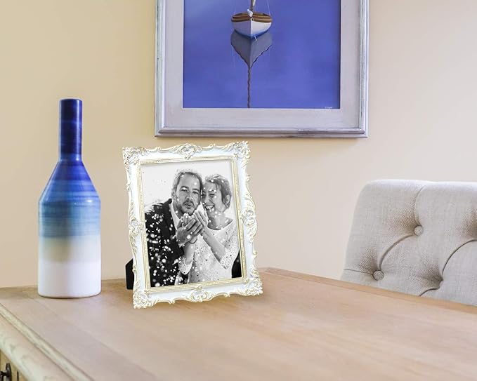 Laura Ashley 8x10 White & Gold Ornate Textured Hand-Crafted Resin Picture Frame w/Easel & Hook for Tabletop & Wall Display, Decorative Floral Design Home Décor, Photo Gallery, Art (8x10, White/Gold)