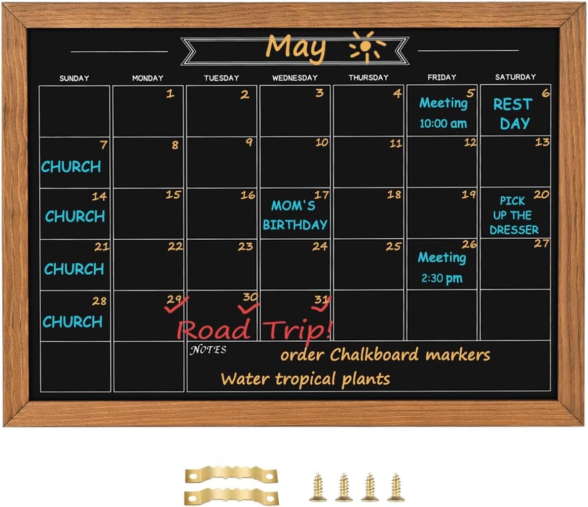 Skiennix Calendar Chalkboard - 10.6" x 14.6" Magnetic Rustic Brown Pine Wood Frame for Planning & Memo