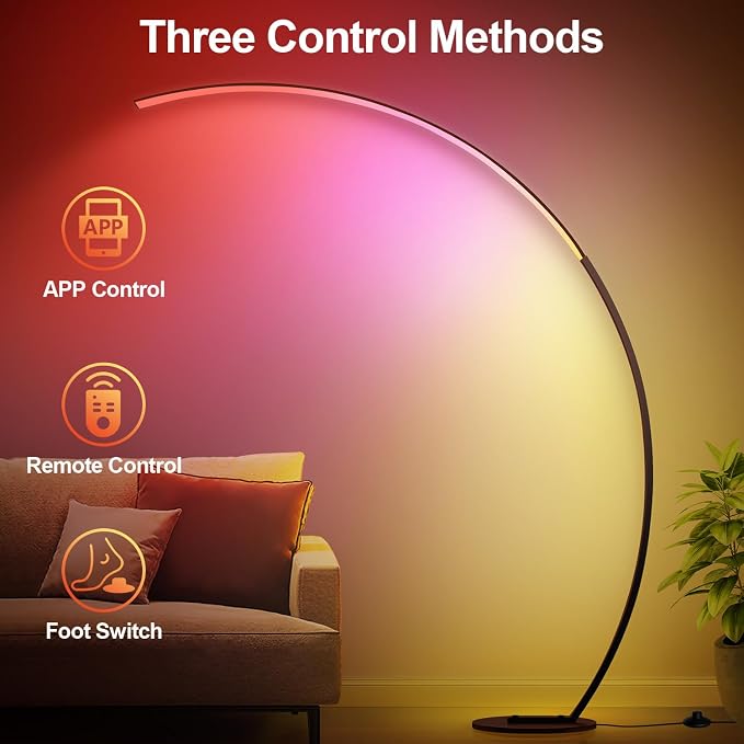 RGB Floor Lamp with 3 Color Temperatures, Ultra Bright 1800LM Smart Arc LED Floor Lamp with Remote Control, Music Sync, Scene Modes, Modern Standing Tall Lamp for Bedroom Living Room Gaming Room-Brown