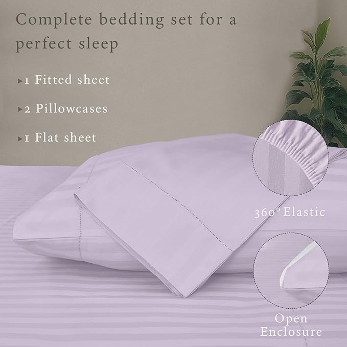 Threadmill 500 Thread Count Queen Size Damask Stripe, 4 Pc Luxury Cotton Bedding Set, Silky Smooth & Breathable Lilac Sheets with 16" Elasticized Deep Pocket, 2 Pillowcases & Free Tote Bag