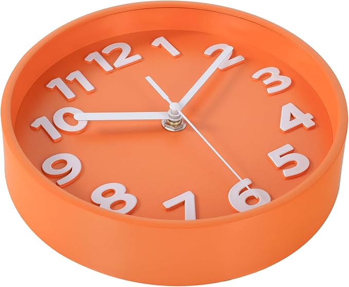 45MinST 8-Inch Orange Modern Wall Clock – Silent Non-Ticking, 3D Large Numbers, Accurate Timekeeping | Decorative Wall & Desk Clock with Stand for Living Room, Bedroom, Kitchen, or Office