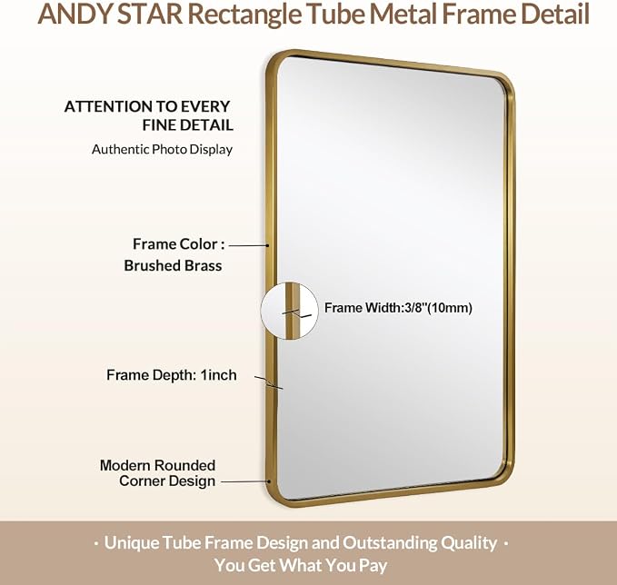 ANDY STAR Brushed Gold Mirror 40''X30'', Gold Bathroom Mirror Rounded Rectangle in SUS304 Anti-Rust Tube Metal Frame, Wall Mounted Horizontal/Vertical 1’’ Deep