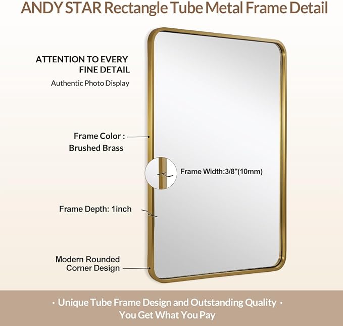 ANDY STAR Brushed Gold Bathroom Mirror 48”X30”, Brass Bathroom Vanity Mirror Rounded Rectangle, SUS304-Anti-Rust Metal Frame Mirror, Wall Mounted Horizontal/Vertical 1’’ Deep