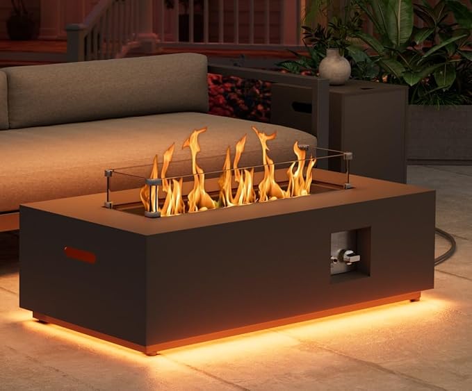 2-Piece 42" LED Rectangular Propane Fire Pit for Outside Patio with Hidden Tank Table, 50,000 BTU Fireplaces with Glass Wind Guard, Lid, Glass Rocks, Cover(Black w/Warm Light)