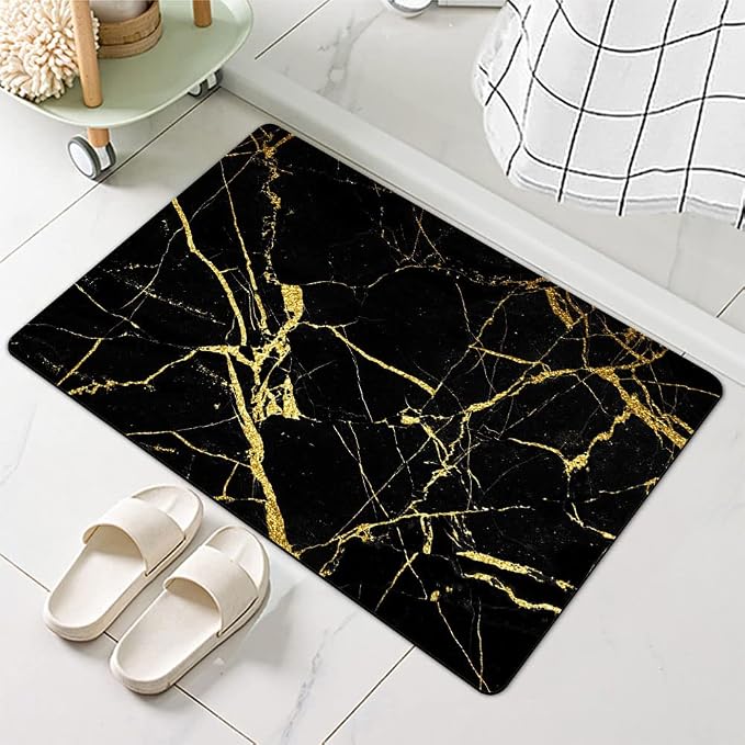 Diatomaceous Earth Bath Mat,Black Gold Marble Non-Slip Volume Super Absorbent Fast Drying for Bathroom Kitchen Door mat,Eco-Friendly Easy to Clean 16×24Inch (40 * 60cm)