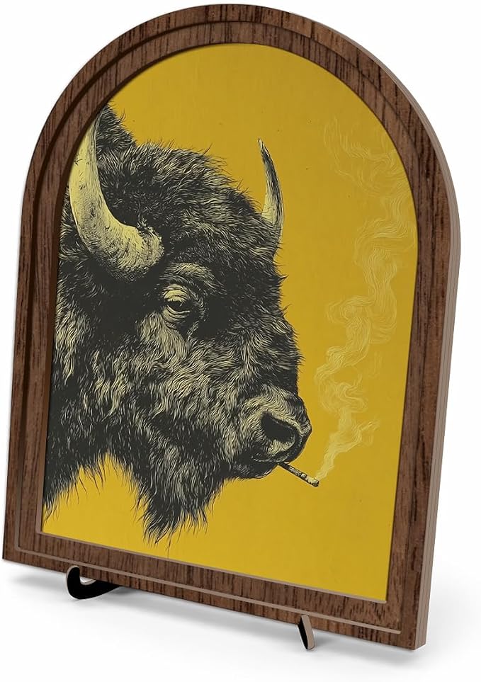 Rustic Home Wooden Frame Decor, Retro Whimsical Smoking Bison Framed Decor, Arched Wooden Frame with Stand, Vintage Buffalo Art Print, Funny Tabletop & Wall Accent for Living Room, Bedroom