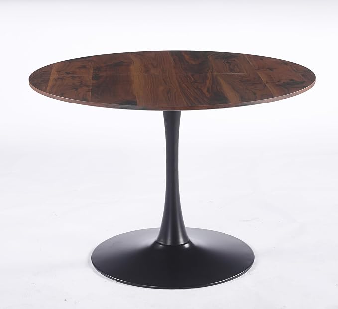 KEIKI 42.1" Round Dining Table, Mid Century Modern Bistro Table with Thickened MDF Tabletop & Metal Pedestal, for 4-6 People, Small Places, Cafe, Kitchen, Living Room, Walnut