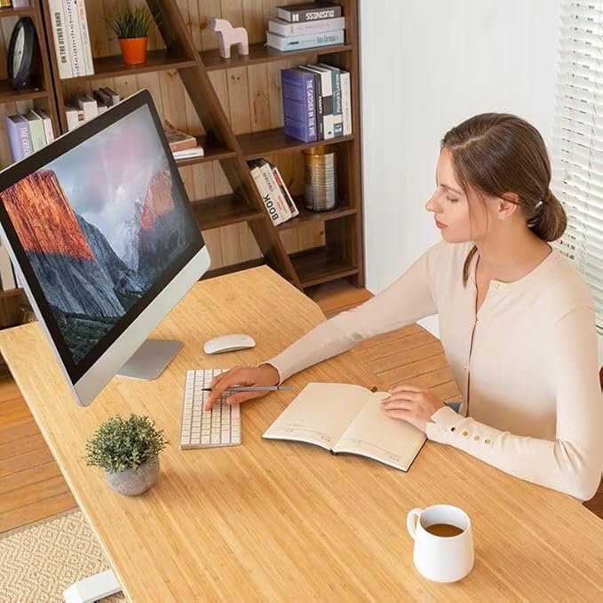 FLEXISPOT EN1 Bamboo Standing Desk, 60 x 30 Inches One-Piece Electric Adjustable Height Desk for Home Office (Black Frame + Bamboo Curved Desktop, 2 Packages)