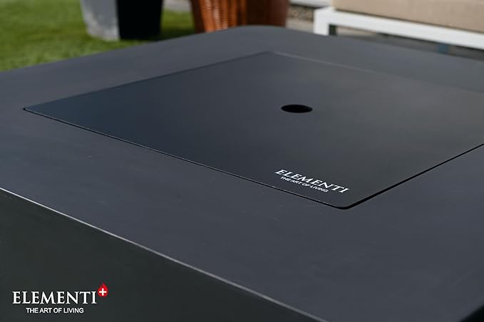 Elementi+ | Bergamo Gas Fire Pit Cast Concrete 42" Square Fire Table, Outdoor Fire Pit Electronic Ignition | Canvas Cover, Fire Glass and Burner Lid Included | Dark Gray | Natural Gas
