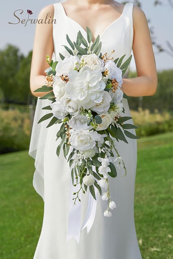 Serwalin 10 Inch Wedding Bouquets for Bride,Ivory Bridal Bouquet of Fake Flowers, Bridesmaid Bouquets for Wedding Ceremony Bridal Shower and Anniversary Day Decor