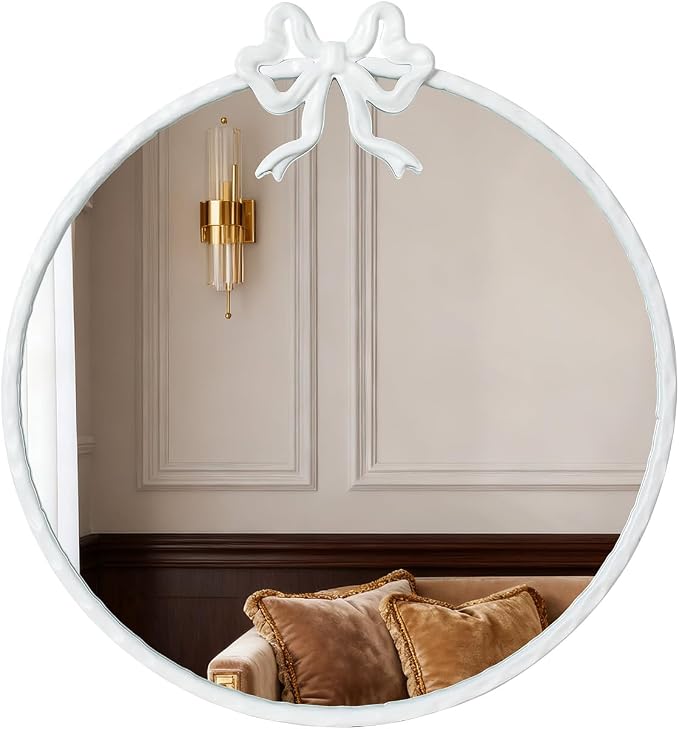 BaiYunTech32 Inch Vintage White Round Wall Mirror, Antique Ornate Metal Circle Mirror with Baroque Bow Decor for Bathroom Vanity, Bedroom, Living Room, Hallway (White, 32" Lx32 W)