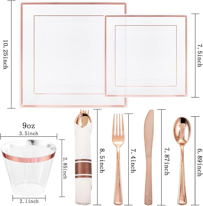 DaYammi 175 PCS Rose Gold Plastic Plates, Rose Gold Plastic Dinnerware Sets Includes: 25 Dinner Plates, 25 Salad Plates, 25 Pre Rolled Napkins with silverware 25 Cups 9 OZ, Perfect for Valentine's Day