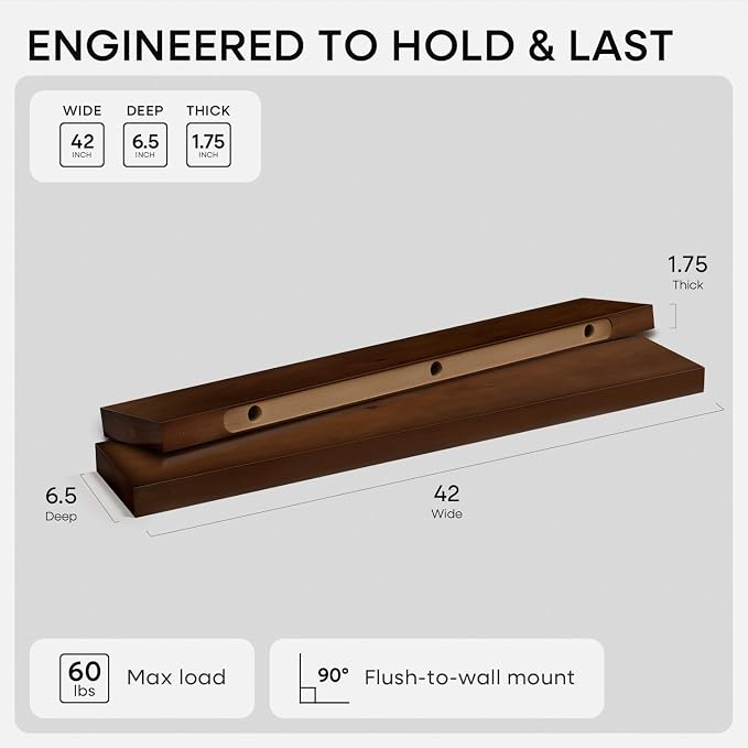 Homeforia Walnut 42 inch Floating Shelves, High End Solid Real Wood 42inch Floating Shelf for Wall, Large Dark Brown 42 inches Long Floating Shelves, Heavy Duty Bracket, 42 X 6.5 X 1.75 inch, Set of 3