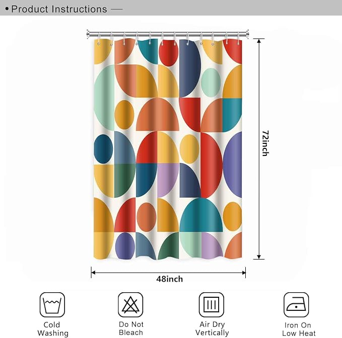 Vintage Colorful Rainbow Mid Century Shower Curtain Modern Abstract Geometric Art Bathroom Curtain Decor 48x72 Inch Washable Fabric Bright Retro Boho Circle Patterned Bath Curtain with 8 Hooks