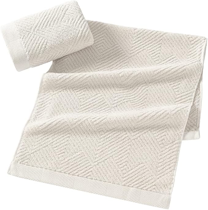 sense gnosis Lime White Hand Towel Set of 2 Super Soft Terry Striped Weave Pattern Ultra Absorbent 100% Cotton Bathroom Hand Towel 13 X 29 Inch, Beige