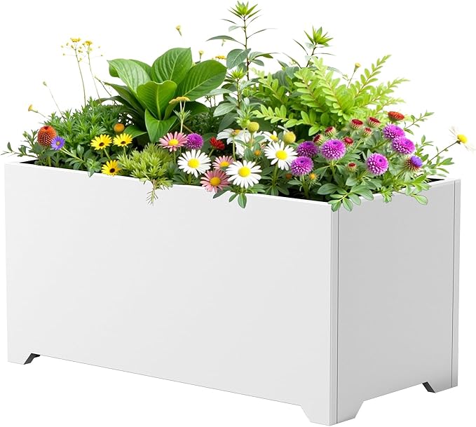 Metal Large Rectangular Planter 32" L x 15" W x 15" H,- Long Planter Box with 6 Drainage Holes & Raised Bottom, White Planter Boxes Outdoor Modern Design for Patio, Garden, Porch