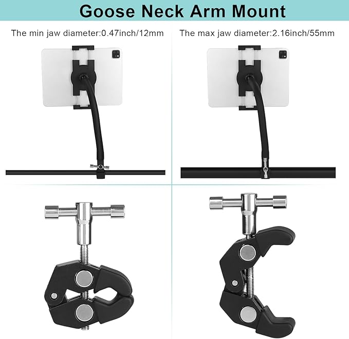 Mippko Tablet Holder for Treadmill/Elliptical/Spin Bike/Peloton/Indoor Cycle,Gooseneck Arm Super Crab Clamp Mount Compitable with 4.7~12.9" iPad/Nexus/LG G Pads/e-Reader/Switch/iPhone