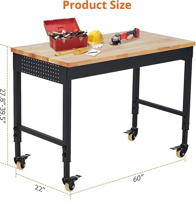 TrailBlaze 60" x 22" Workbench, Heavy Duty Rubber Wood Top Workbench with Power Outlet & 4 Lockable Wheels, Adjustable Height Work Table for Home Garage Workshop - 2000lbs Load Capacity