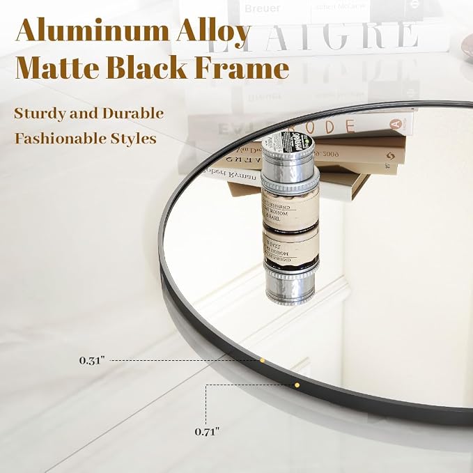 VooBang Black Round Bathroom Mirror, 30 inch Circle Wall Mounted Hanging Mirror with Simple Modern Circular Metal Frame for Hallway, Entryway, Living Room, Black Frame