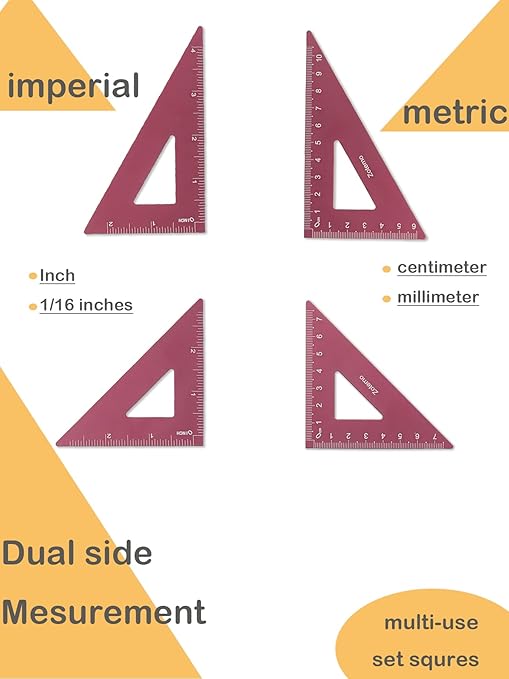 Zotemo Metal Geometry Set, 5-Piece Aluminum Ruler, Math Drafting Ruler Kit Includes Protractor, Triangle Rulers, Straight Rulers-Math Measurement Tools for School and Office Supplies (Plum Red)