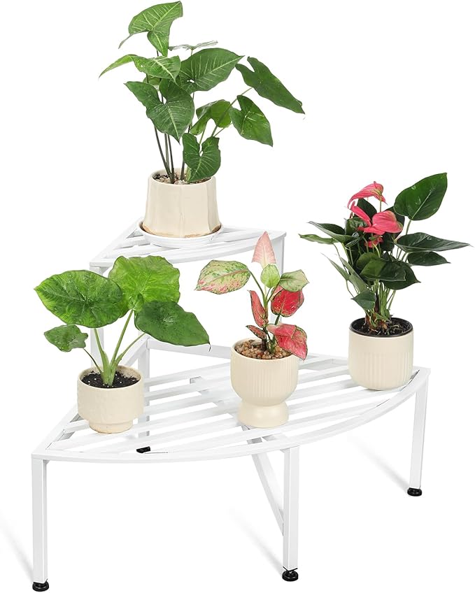 Dipion Corner Plant Stand Outdoor Metal,2 Tier Heavy Duty Ladder Plant Shelf Indoor for Multiple Plants,37.08" L x 22.83" W x 20.07" H,White