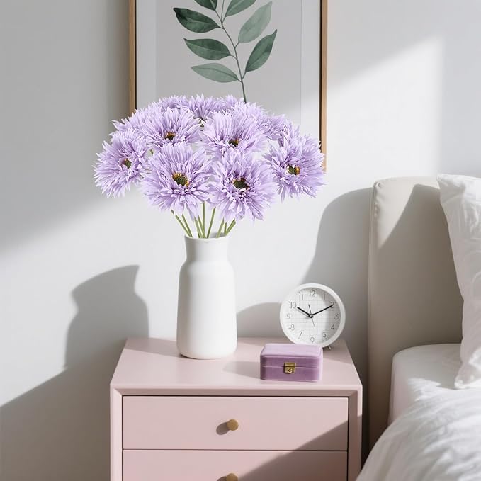 Artificial Gerbera Daisies 12pcs Purple Daisy Artificial Flowers Fake Silk Flowers with Stems for Floral Arrangements Home Wedding Dining Table Party Garden Decor(Purple)