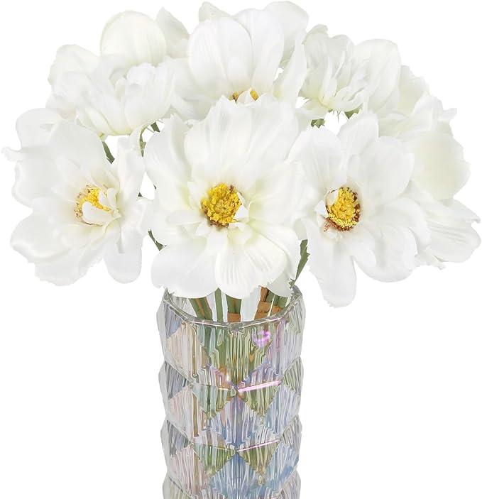 INSUNX 5 Bouquet Cosmos Artificial Flowers White Fake Daisy Flowers 15Pcs Faux Wildflowers Silk Flowers for Wedding Garden Home Party Table Centerpieces Cake Decor (White)