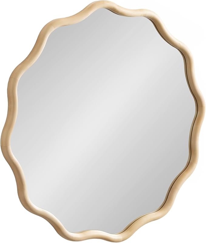 Kate and Laurel Talma Boho Round Scalloped Wall Mirror, 30 Inch Diameter, Natural Wood, Modern Circle Mirror with Solid Poplar Wood Frame and Rounded Frame