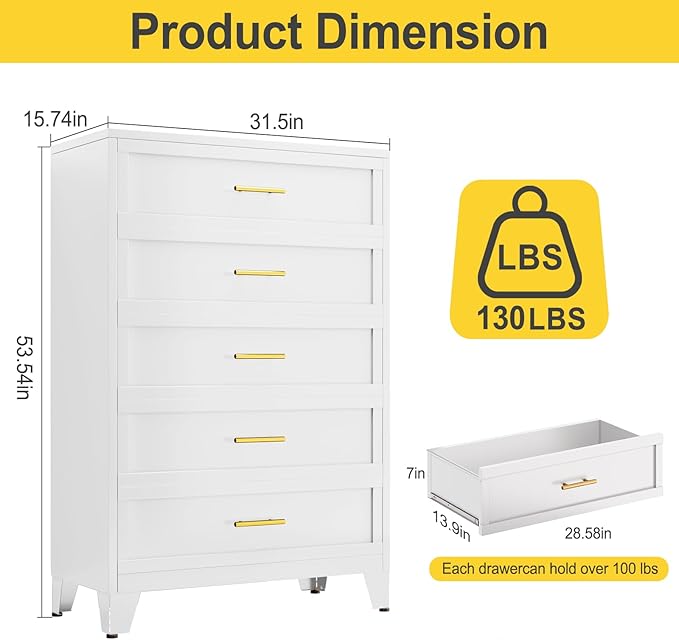 53.54" Tall Metal Dresser for Bedroom, 5 Drawer White Closet Dressers Chests, Modern Storage Organizer Unit, Large Storage Space Drawer Storage Cabinet for Living Room, Entryway, Hallway