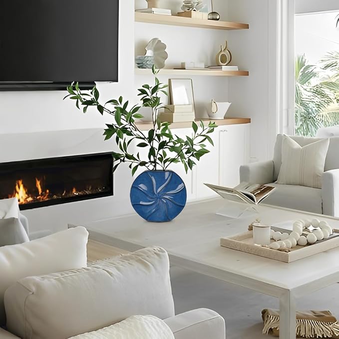 Blue Ceramic Vase for Home Decor – 11.4" x 10.2" Modern Decorative Vase for Pampas Grass, Artificial Flowers & Dried Bouquets – Elegant Textured Flower Vase for Living Room, Bedroom & Office