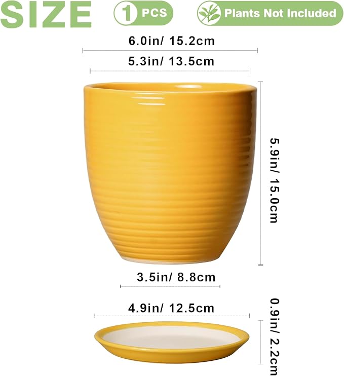 Ceramic Pots for Plants - 6 Inch Plant Pot for Indoor Plants, Ceramic Planter with Drainage Hole and Saucer, Round Decorative Flower Pots, Desk Home Decor, Plant Lover Gifts, Glossy-Yellow