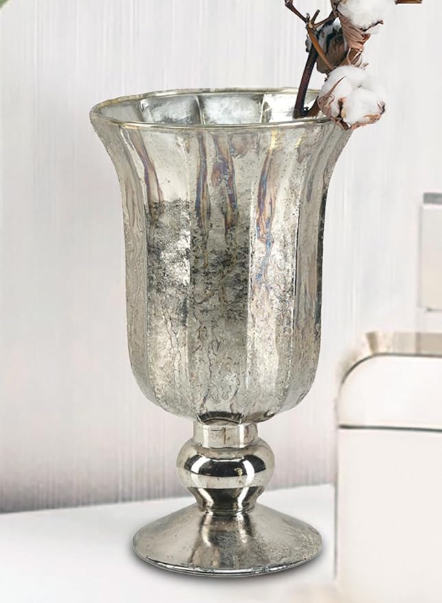 Serene Spaces Living Antique Platinum Flower Vase, Mercury Glass Urn for Centerpieces, Weddings & Event Decor – Vintage-Style Floral Vase, 5" Diameter and 8.5" Tall