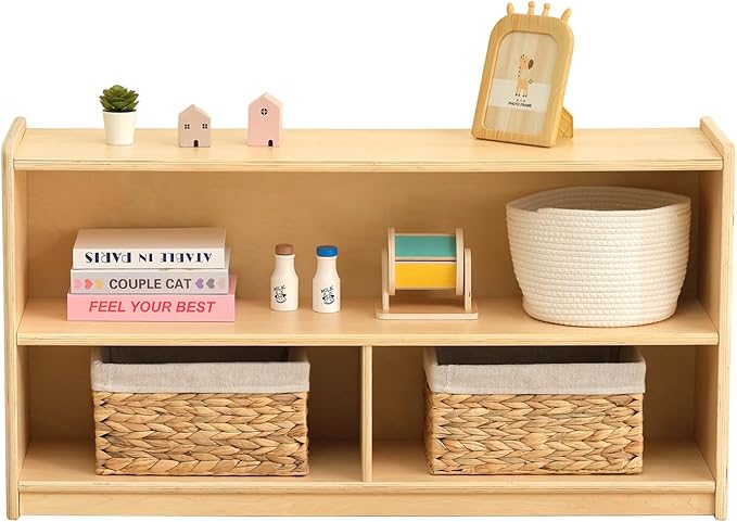 OOOK 2-Shelf Montessori Shelf Toy Organizers and Storage for Kids, 3-Section Wooden Storage Cabinet Shelves for Classroom, Kindergarten, Kids Room, Playroom