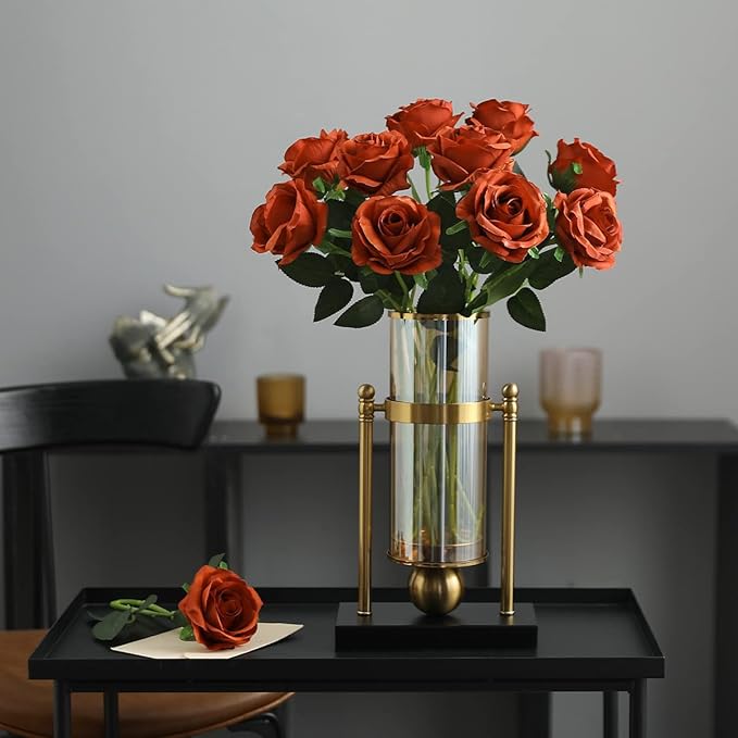 Veryhome 10pcs Artificial Rose Flower Bouquet Faux Rose with Stems for Wedding Arrangement, Bridal Bouquet, Centerpiece, Fake Faux Silk Flowers (Burnt Orange)