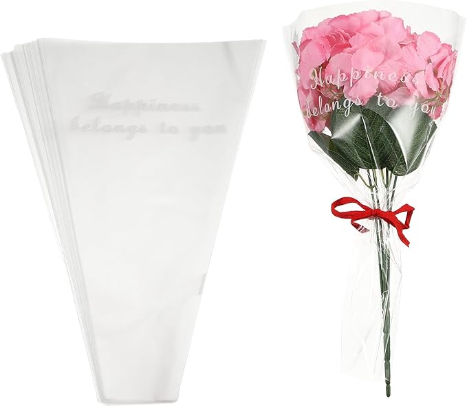 YELARXI Clear Flower Wrapping Bags, Transparent Flower Packaging Bag Waterproof Bouquet Sleeves with Letter - Fitting for (Florists/Floral Arrangements Supplies), 13x3.9x19.7 Inch & 50Pcs