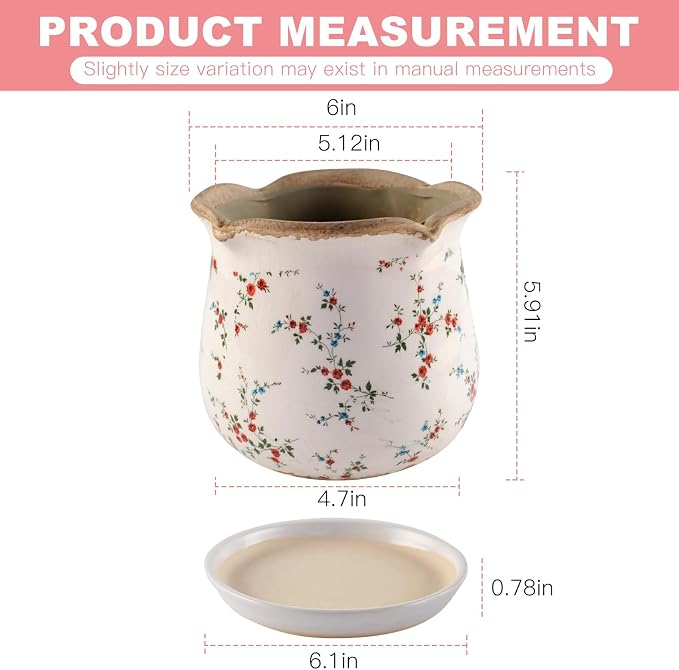 Ceramic-Planters-for-Indoor-Plants with Saucer, 6 inch Vintage Ice Crackle Glaze Plant Pots with Drainage Holes, Decorative Flower Pots for Outdoor Garden Home Decor, Tuscan Pot for Plant