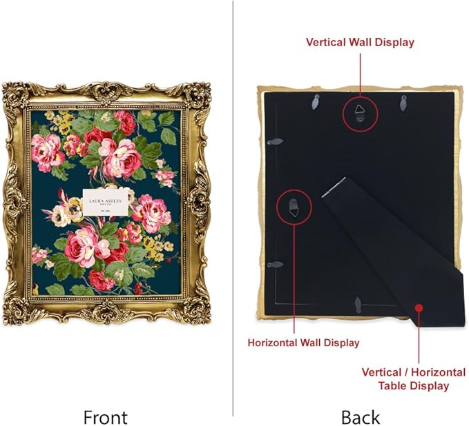 Laura Ashley 8x10 Gold Ornate Textured Hand-Crafted Resin Picture Frame with Easel & Hook for Tabletop & Wall Display, Decorative Floral Design Home Decor, Photo Gallery, Art, More (8x10, Gold)