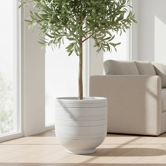 HERDUK Large White Ceramic Planter for Indoor Trees, Modern Indoor Floor Planter Pot for Olive Trees & Faux Olive Trees, Pottery Planter with Drainage for Real Plants
