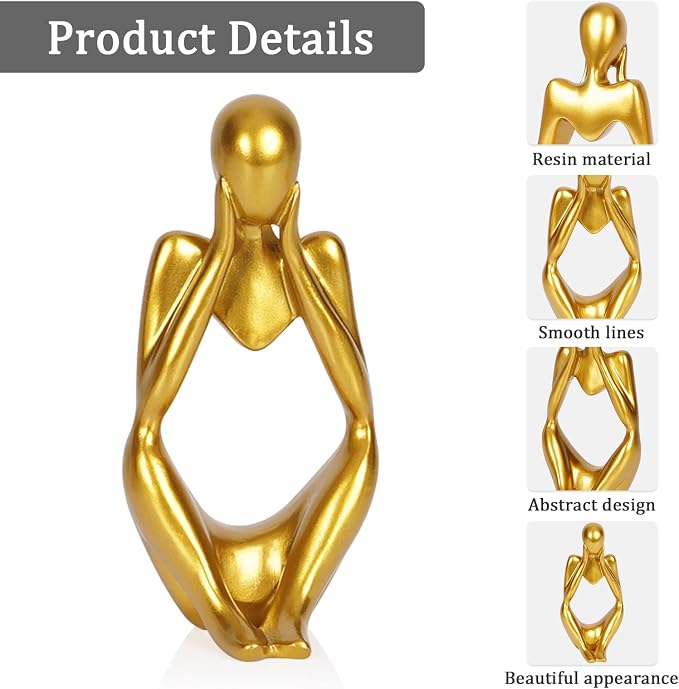 Sandstone Resin Thinker Style Abstract Sculpture Statue Collectible Figurines Home Office Bookshelf Desktop Decor (Small Gold, Focus)